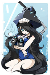  abyssal_ship black_hair blue_eyes breasts collarbone colored_skin commentary_request female hair_over_one_eye hat kaisanbutsu kantai_collection large_breasts long_hair name_tag one-piece_swimsuit school_swimsuit so-class_submarine solo swimsuit translated turret twitter_username very_long_hair white_skin 