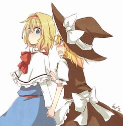  2girls alice_margatroid apron black_dress blonde_hair blue_dress blue_eyes blush bow cape_tug capelet commentary_request dress hairband hat hat_bow holding_hands kirisame_marisa lolita_hairband multiple_girls sash shirt touhou waist_apron white_bow witch_hat yellow_eyes yuuta_(monochrome) 