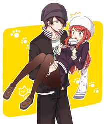  1boy ban_airi beanie black_hair blue_eyes blush carrying commentary_request couple devil_survivor devil_survivor_2 feline female grey_eyes hat jacket long_hair musical_note open_mouth pantyhose paw_print popped_collar princess_carry red_hair scarf school_uniform serafuku sidelocks simple_background skirt straight torii_jungo yamano yellow_background 