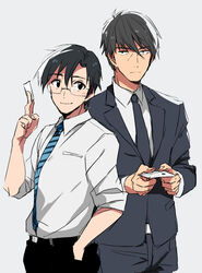  2boys bad_id bad_pixiv_id black_eyes black_hair blush card eunram formal glasses highres idolmaster idolmaster_cinderella_girls male_focus multiple_boys necktie photoshop_(medium) producer_(idolmaster) producer_(idolmaster_anime) producer_(idolmaster_cinderella_girls_anime) short_hair smile suit 