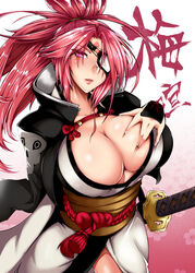  amputee arc_system_works artist_request baiken blush breast_grab breasts cleavage deep_skin eyepatch facial_mark female guilty_gear guilty_gear_xrd guilty_gear_xrd:_revelator huge_breasts japanese_clothes kimono long_hair looking_at_viewer open_mouth parted_lips pink_hair ponytail purple_eyes scar sheath sheathed shiny shiny_hair shiny_skin smile solo sword translation_request very_long_hair weapon 