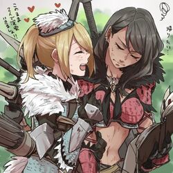  2girls anjanath_(armor) arrow_(projectile) black_hair blonde_hair breasts commentary_request dirty dirty_face heart medium_breasts monster_hunter:_world monster_hunter_(character) monster_hunter_(series) multiple_girls navel quiver ree_(re-19) short_ponytail tobi-kadachi_(armor) translation_request 