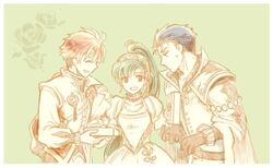  2boys bad_id bad_twitter_id bare_shoulders blue_hair cape collarbone commentary_request dress eliwood_(fire_emblem) eliwood_(valentine)_(fire_emblem) female fire_emblem fire_emblem:_the_blazing_blade fire_emblem_heroes flower gloves green_background green_hair hair_ornament headband hector_(fire_emblem) hector_(valentine)_(fire_emblem) jewelry kuzumosu long_hair lyn_(fire_emblem) lyn_(valentine)_(fire_emblem) multiple_boys necklace open_mouth pearl_necklace ponytail red_hair rose smile sweatdrop upper_body very_long_hair 