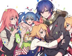  2boys 3girls ? ahoge birthday blonde_hair blue_eyes blue_hair blush bow breasts cake commentary confetti crowded dress eyebrows eyelashes food fruit fuutan green_eyes green_hair hair_between_eyes hairbow hand_grab hatsune_miku hug jewelry kagamine_len kagamine_rin kaito_(vocaloid) long_hair long_sleeves looking_at_another medium_breasts megurine_luka multiple_boys multiple_girls necktie open_mouth pink_hair putting_on_jewelry ring scarf shirt short_hair skirt smile standing strawberry vocaloid white_background 