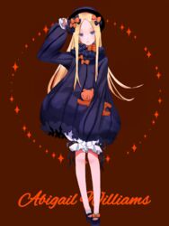  abigail_williams_(fate) arm_up bad_id bad_pixiv_id black_bow black_dress black_footwear black_hat blonde_hair bloomers blue_eyes bow brown_background bug butterfly character_name closed_mouth commentary_request dress fate/grand_order fate_(series) female full_body gankake_(misary) hairbow hat head_tilt hugging_object long_hair long_sleeves looking_at_viewer mary_janes orange_bow parted_bangs polka_dot polka_dot_bow shoes sleeves_past_fingers sleeves_past_wrists smile solo standing stuffed_animal stuffed_toy teddy_bear underwear very_long_hair white_bloomers 