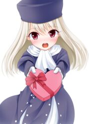  blush colorized commentary_request fate/stay_night fate_(series) female gift gloves hat heart highres illyasviel_von_einzbern long_hair looking_at_viewer red_eyes simple_background solo wata_(akawata) white_hair 