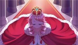  cape closed_eyes column crown dress drill_hair earrings elbow_gloves elodie female gloves izumi_k_rukawa jewelry kneeling lipstick long_live_the_queen makeup pillar pink_hair praying princess queen smile tapestry twin_drills white_gloves 