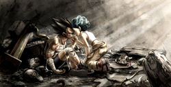  1boy angry aqua_hair bad_id bad_pixiv_id bandage_on_face bandaged_arm bandaged_leg bandages black_hair blood blood_on_face broken bulma_briefs clenched_teeth commentary_request cuts dragon_ball dragon_ball_z eye_contact female gears hairband hand_grab heads_together highres injury jumpsuit light_rays looking_at_another no_shirt photoshop_(medium) robot rubble shirt shorts signature spiked_hair sunlight tank_top teeth tied_shirt uirina vegeta wire 