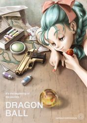  aqua_eyes aqua_hair bad_id bad_pixiv_id box braid braided_ponytail bulma_briefs capsule_corp commentary_request copyright_name desk dragon_ball dragon_ball_(classic) dragon_ball_(object) english_text eyelashes female fingernails food fruit gun handgun head_rest highres hoi-poi_capsule indoors jaco_(ginga_patrol_jaco) logo long_hair map nail_polish photoshop_(medium) radar single_braid smile solo strawberry uirina weapon 