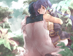  1boy blue_hair blush brown_eyes cape chrom_(fire_emblem) commentary_request couple dutch_angle female fire_emblem fire_emblem_awakening forest from_behind hug isa_(chiyo-s) long_hair long_sleeves markings nature robe robin_(female)_(fire_emblem) robin_(fire_emblem) seiza sitting sleeveless sleeves_past_wrists straight swept_bangs twintails wariza 