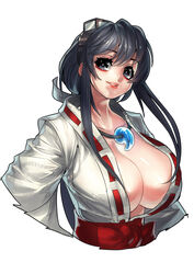  absurdres black_eyes black_hair breasts chinese_commentary cleavage commentary female fengmo goggles goggles_on_head highres huge_breasts light_smile lips long_hair looking_at_viewer magatama photoshop_(medium) sengoku_blade simple_background solo togashi_koyori upper_body white_background 