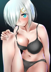  aqua_eyes black_bra black_panties blush bra breasts cleavage closed_mouth collarbone commentary_request female grey_hair hair_ornament hair_over_one_eye hairclip hamakaze_(kancolle) hand_on_own_knee highres kantai_collection kashiwamochi_(kashiwakashiwa) knee_up lace lace-trimmed_bra lace_trim large_breasts light_smile looking_at_viewer navel panties shiny_skin short_hair sitting smile solo underwear underwear_only 