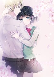  1boy awaya_mugi black_hair black_skirt commentary copyright_name couple english_commentary female flower hug kuzu_no_honkai looking_at_viewer mixed-language_commentary neck_ribbon petals pleated_skirt ribbon sandeul school_uniform short_hair skirt straight yasuraoka_hanabi 