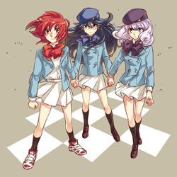  3girls akashi_kaoru b.a.b.e.l._uniform beret black_hair blue_eyes commentary_request glasses hat holding_hands long_hair long_sleeves multiple_girls nogami_aoi purple_eyes purple_hair red_eyes red_hair sannomiya_shiho shoes short_hair skirt sneakers socks the_children to_siva uniform wind zettai_karen_children 