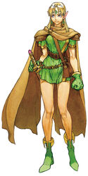  bag bare_legs belt between_breasts blonde_hair boots breasts cape dungeons_&amp;_dragons dungeons_&amp;_dragons:_shadow_over_mystara duplicate earrings elf female forehead_jewel gloves green_footwear green_gloves jewelry large_breasts long_hair lucia_(d&amp;d) nishimura_kinu official_art photoshop_(medium) pointy_ears purple_eyes satchel sheath sheathed shoulder_pads solo standing strap_between_breasts sword tunic weapon 