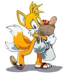  2017 anthro big_eyes big_head blue_eyes canid canine catbeecache clothing digital_media_(artwork) feet finimun food footwear fox fur gloves handwear male mammal multi_tail orange_body orange_fur sandals sega simple_background solo sonic_the_hedgehog_(series) tail tails teeth toes toony white_background white_body white_fur 