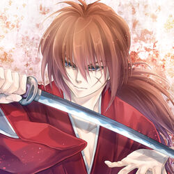  1boy ai_(ai1470) blue_eyes commentary_request himura_kenshin katana long_hair male_focus ponytail red_hair rurouni_kenshin scar solo sword weapon 