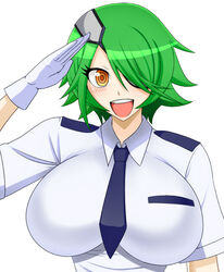  breasts do_konjouuo female green_hair impossible_clothes large_breasts otonashi_kiruko salute shinmai_fukei_kiruko-san simple_background solo 