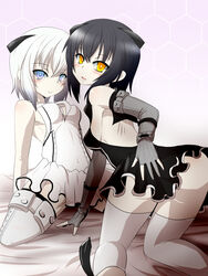  2girls abyssal_ship abyssal_twin_princess_(black) abyssal_twin_princess_(white) arms_behind_back ass bed black_hair blue_eyes breasts cleavage_cutout clothing_cutout commentary dress elbow_gloves gloves goma_(gomasamune) hair_ornament hand_on_own_ass highres kantai_collection kneeling legs_apart looking_at_viewer looking_back multiple_girls on_bed open_mouth partially_fingerless_gloves short_hair small_breasts thighhighs white_hair yellow_eyes zettai_ryouiki 