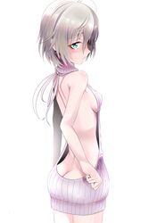  anastasia_(idolmaster) backless_dress backless_outfit bare_back bare_shoulders blue_eyes blush breasts butt_crack closed_mouth commentary_request cowboy_shot drawstring dress female from_behind grey_hair hair_between_eyes halterneck highres idolmaster idolmaster_cinderella_girls kinpun_(fgxdw447) looking_at_viewer looking_back meme_attire naked_sweater purple_sweater ribbed_sweater short_hair sideboob small_breasts solo sweater sweater_dress turtleneck turtleneck_sweater virgin_killer_sweater 