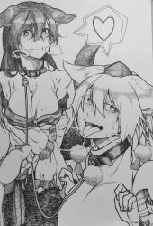  1other 2girls animal_ear_fluff animal_ears belt_collar blush breasts brooch cleavage closed_mouth collar commentary_request cowboy_shot dress fingernails floppy_ears graphite_(medium) greyscale hair_between_eyes hat heart heart-shaped_pupils highres imaizumi_kagerou in_heat inubashiri_momiji jewelry large_breasts leash long_bangs long_hair looking_at_viewer monochrome multiple_girls nose_blush oerba_yun_fang off-shoulder_dress off_shoulder open_mouth ozma_(yozakura) pom_pom_(clothes) pov pov_hands sarashi shared_speech_bubble shirt short_hair simple_background skin_fang sleeveless sleeveless_shirt smile speech_bubble spoken_heart symbol-shaped_pupils tail tokin_hat tongue tongue_out touhou traditional_media turtleneck turtleneck_shirt upper_body viewer_holding_leash wolf_ears wolf_girl wolf_tail 