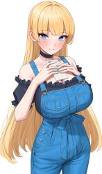  black_choker black_shirt blonde_hair blue_eyes blue_overalls blush breasts cellphone choker cleavage collarbone female frilled_shirt frills highres holding holding_phone large_breasts lina_(michihasu) long_hair looking_at_viewer michihasu original overalls phone shirt simple_background smile solo standing white_background 