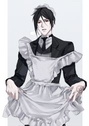  1boy apron apron_lift black_hair black_suit border clothes_lift crossdressing frilled_apron frills grey_background hand_tattoo highres kuroshitsuji looking_at_viewer lurline38996 maid maid_apron maid_headdress male_focus pale_skin parted_lips pillarboxed puff_of_air red_eyes sebastian_michaelis short_hair simple_background small_sweatdrop solo suit tattoo tuxedo_shirt white_apron white_border 