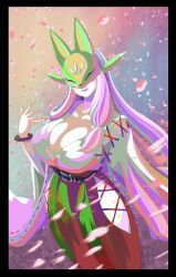  breasts cherry_blossoms cleavage collarbone digimon digimon_(creature) facial_mark female fox_mask grey_hair highres japanese_clothes long_hair mas_square mask miko pants petals purple_lips red_pants sakuyamon:_miko_mode shirt solo white_shirt 