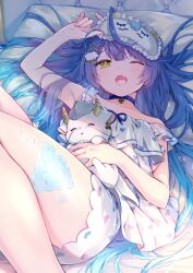  ;o amamiya_kokoro amamiya_kokoro_(6th_costume) armpits bed bell blue_choker blue_hair blush choker cloud_hair_ornament female foreshortening hair_ornament hairclip heart heart_print highres jingle_bell knees_up long_hair looking_at_viewer neck_bell nijisanji oerba_yun_fang on_bed one_eye_closed open_mouth pajamas print_pajamas scales short_shorts shorts skin_fang sleep_mask sleepwear sleepy solo strap_slip stuffed_animal stuffed_dragon stuffed_toy thighs tojo_(natumi1412) very_long_hair virtual_youtuber waking_up white_pajamas x_hair_ornament yawning yellow_eyes 