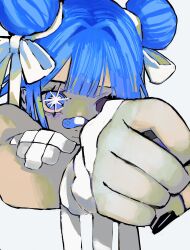  bandaged_hand bandages bandaid bandaid_on_face bandaid_on_nose black_nails blue_eyes blue_hair clenched_hand closed_mouth commentary double_bun female gauze_on_arm hair_bun hair_ribbon hand_up highres looking_at_viewer one_eye_covered original ribbon solo star_(symbol) star_in_eye symbol-only_commentary symbol_in_eye urokogaran white_background white_ribbon 