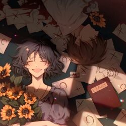  1boy black_hair blood bouquet brown_hair closed_eyes diary female flower holding holding_bouquet jabuchi_you lying on_back open_mouth papers pollity puffy_short_sleeves puffy_sleeves purple_shirt saibou_shinkyoku shirt short_hair short_sleeves smile sunflower white_shirt window_shadow yanagi_nina 