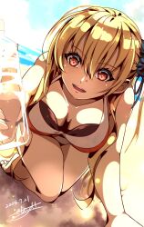  2024 :d alisa_reinford all_fours beach bikini black_scrunchie blonde_hair blush bottle breasts cleavage collarbone commentary_request dated day downblouse dutch_angle eiyuu_densetsu eyelashes female foreshortening hair_ornament hair_scrunchie halterneck highres holding holding_bottle large_breasts leaning_forward long_hair looking_at_viewer one_side_up open_mouth outdoors red_eyes scrunchie sen_no_kiseki_(series) sen_no_kiseki_i sidelocks signature smile solo swimsuit teeth thighs tinybiard tsurime upper_teeth_only water_bottle white_bikini 