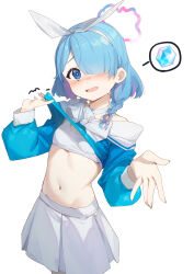  absurdres arona_(blue_archive) blue_archive blue_eyes blue_hair blue_shirt blush bra breasts choker clothes_lift colored_inner_hair cowboy_shot embarrassed female hair_over_one_eye hair_ribbon halo highres hokushuu lifting_own_clothes long_sleeves looking_at_viewer medium_hair multicolored_hair one_eye_covered open_mouth pink_hair pink_halo reaching reaching_towards_viewer ribbon shirt shirt_lift simple_background skirt small_breasts solo spoken_object standing stomach streaked_hair sweat underwear variant_set white_background white_bra white_choker white_ribbon white_skirt 