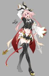  1boy animal_ears arm_up astolfo_(fate) astolfo_(saber)_(fate) black_bow black_bowtie black_gloves black_thighhighs blush bow bowtie fake_animal_ears fate/grand_order fate_(series) full_body gloves gold_trim grey_background hair_intakes hairbow haoro highres hip_armor holding holding_sword holding_weapon long_hair male_focus mary_janes multicolored_hair oerba_yun_fang open_mouth otoko_no_ko pink_hair pleated_skirt purple_eyes rabbit_ears red_ribbon ribbon scabbard sheath shoes signature skin_fang skirt solo streaked_hair sword thighhighs twintails two-tone_hair very_long_hair weapon white_hair wide_sleeves wing_collar 