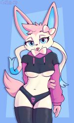  anthro blue_eyes breasts clothing coffeefly eeveelution female generation_6_pokemon hi_res meme meme_clothing nintendo paggi_outfit panties pokemon pokemon_(species) solo sylveon tongue tongue_out under_boob underwear 