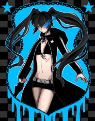  absurdres bikini bikini_top_only black_coat black_hair black_rock_shooter black_rock_shooter_(character) black_shorts blue_eyes blue_fire chains coat female fire flaming_eye highres hood hooded_coat kayla_speciale long_hair midriff no_shirt open_clothes open_coat scar shorts star_(symbol) swimsuit sword twintails weapon 