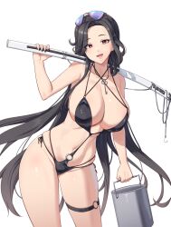  :d ajidot bare_shoulders black_hair breasts bucket commentary_request cowboy_shot eyewear_on_head female forehead goddess_of_victory:_nikke groin highres holding holding_bucket key korean_commentary large_breasts long_hair looking_at_viewer maiden_(nikke) maiden_(under_the_sun)_(nikke) navel open_mouth red_eyes smile solo standing stomach sunglasses swimsuit thigh_strap thighs very_long_hair 