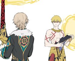  2boys animal aventurine_(honkai:_star_rail) black_jacket blonde_hair bracelet chest_tattoo crossover fate/stay_night fate_(series) from_behind gate_of_babylon_(fate) gilgamesh_(fate) holding holding_animal holding_sword holding_weapon honkai:_star_rail honkai_(series) jacket jewelry looking_at_another male_focus multiple_boys numby_(honkai:_star_rail) red_eyes short_hair sword tattoo toned toned_male topless_male trotter_(honkai:_star_rail) wawahj0907_tt weapon white_background 