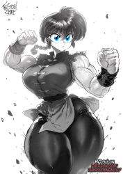  arm_up artist_name bare_arms blue_eyes braid braided_ponytail breasts chinese_clothes clenched_hands closed_mouth commentary female fighting_stance greyscale hair_between_eyes hand_up jacket large_breasts long_hair monochrome muscular muscular_female paid_reward_available pants patreon_username ranma-chan ranma_1/2 simple_background single_braid sleeveless sleeveless_jacket solo spot_color tangzhuang taut_clothes the_golden_smurf thick_thighs thighs torn_clothes torn_jacket white_background wristband 