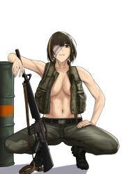  absurdres alternate_costume assault_rifle bandage_over_one_eye barrel black_footwear boots breasts breasts_apart brown_eyes brown_hair commission english_commentary female full_body girls&#039;_frontline green_pants green_vest gun gun_sling hand_on_own_leg highres light_smile looking_at_viewer m16 m16a1 m16a1_(girls&#039;_frontline) matsu_arts mole mole_under_eye multicolored_hair navel open_clothes open_vest orange_hair pants parted_lips rifle short_hair simple_background solo squatting stomach straight-on streaked_hair sweat vest weapon white_background 