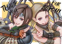  2girls absurdres ai_shou antenna_hair arm_guards back-to-back bandana brown_eyes brown_hair crossover final_fantasy final_fantasy_vii final_fantasy_vii_rebirth final_fantasy_vii_remake fingerless_gloves gloves high_ponytail highres ibuki_(street_fighter) kuji-in kunai milestone_celebration multiple_girls ninja shuriken smile street_fighter street_fighter_iii_(series) trait_connection weapon yuffie_kisaragi 