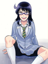  :o asumi_kakeru bike_shorts blue-framed_eyewear feet_out_of_frame female glasses gradient_background green_necktie grey_shirt grey_skirt highres long_hair looking_at_viewer loup-garou necktie okiba_nao open_mouth school_uniform semi-rimless_eyewear shirt simple_background skirt socks solo white_background white_socks 