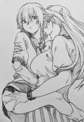  2girls breasts carrying carrying_person deep_skin feet_out_of_frame grabbing_another&#039;s_ass graphite_(medium) greyscale grin groping hair_between_eyes hoshiguma_yuugi large_breasts long_bangs looking_at_viewer mizuhashi_parsee monochrome multiple_girls open_mouth ozma_(yozakura) pointy_ears scarf shirt short_hair skirt smile striped_clothes striped_skirt touhou traditional_media vertical-striped_clothes vertical-striped_skirt wrist_belt 