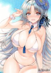  alsace_(azur_lane) alsace_(heat_beating_summer_sacrament)_(azur_lane) azur_lane bare_shoulders between_breasts bikini blue_eyes blue_hair blue_necktie blush breasts cleavage detached_collar female flower hair_flower hair_ornament highres huge_breasts large_breasts long_hair looking_at_viewer midriff navel necktie official_alternate_costume solo swimsuit very_long_hair white_bikini yosaku_vs_hina 