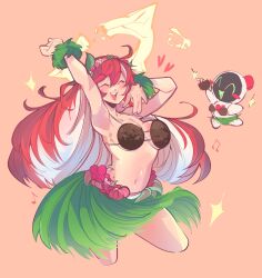  arm_up breasts broken_halo closed_eyes coconut_bra coconut_cup dancing female grass_bracelet grass_skirt guilty_gear guilty_gear_strive halo hand_on_own_face highres hula jack-o&#039;_valentine long_hair multicolored_hair poopiepluto red_hair stomach tropical 