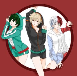  3girls female_bakugou female_deku female_todoroki genderswap_(mtf) izuku_midoriya katsuki_bakugou my_hero_academia rule_63 shouto_todoroki spiky_hair very_short_hair 