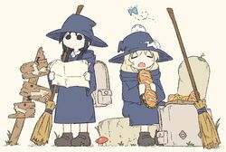  2girls alternate_costume backpack bad_id bad_twitter_id bag black_eyes black_hair blonde_hair broom bug butterfly chito_(shoujo_shuumatsu_ryokou) eating floating food full_body hat levitation long_hair long_sleeves looking_at_map map multiple_girls mushroom nuko_(shoujo_shuumatsu_ryokou) robe sandwich shoes shoujo_shuumatsu_ryokou simple_background sitting tm_(utfp3372) witch witch_hat yuuri_(shoujo_shuumatsu_ryokou) 