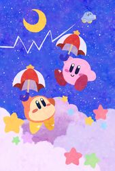  above_clouds arm_up black_eyes blue_background blue_eyes blue_sky blush blush_stickers closed_mouth cloud commentary_request copy_ability crescent_moon floating full_body happy highres holding holding_umbrella kirby kirby_(series) midair miwa_(ahyuck) moon night no_humans no_mouth parasol_kirby sky smile solid_oval_eyes star_(sky) star_(symbol) starry_moon starry_sky ufo_(kirby) umbrella umbrella_riding waddle_dee 