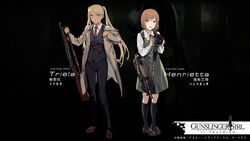  2girls bad_link black_background brown_hair bullpup camera chinese_commentary commentary_request dark-skinned_female dark_skin duoyuanjun girls&#039;_frontline gun gunslinger_girl henrietta_(gunslinger_girl) highres jacket long_hair looking_at_viewer multiple_girls p90 pump_action shotgun submachine_gun triela weapon winchester_model_1897 