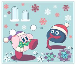  arm_up artist_name beanie blue_background blue_eyes blush blush_stickers border commentary_request eye_contact full_body fur-trimmed_headwear fur_trim gooey_(kirby) green_scarf happy hat highres holding holding_snowball kirby kirby_(series) leg_up long_tongue looking_at_another miwa_(ahyuck) motion_lines no_humans open_mouth pom_pom_(clothes) purple_headwear red_headwear scarf signature slime_(creature) smile snowball snowball_fight snowflakes solid_oval_eyes standing standing_on_one_leg star_(symbol) star_print throwing tongue tongue_out white_border 